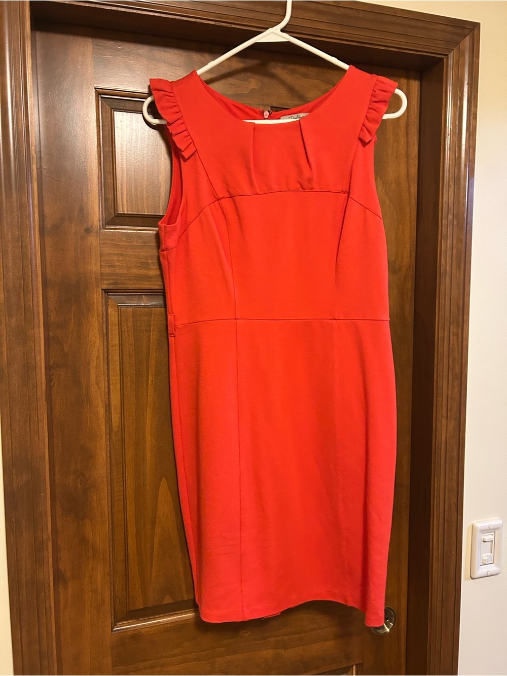 Darling Coral-Red Ruffle Shoulder Sheath Dress
